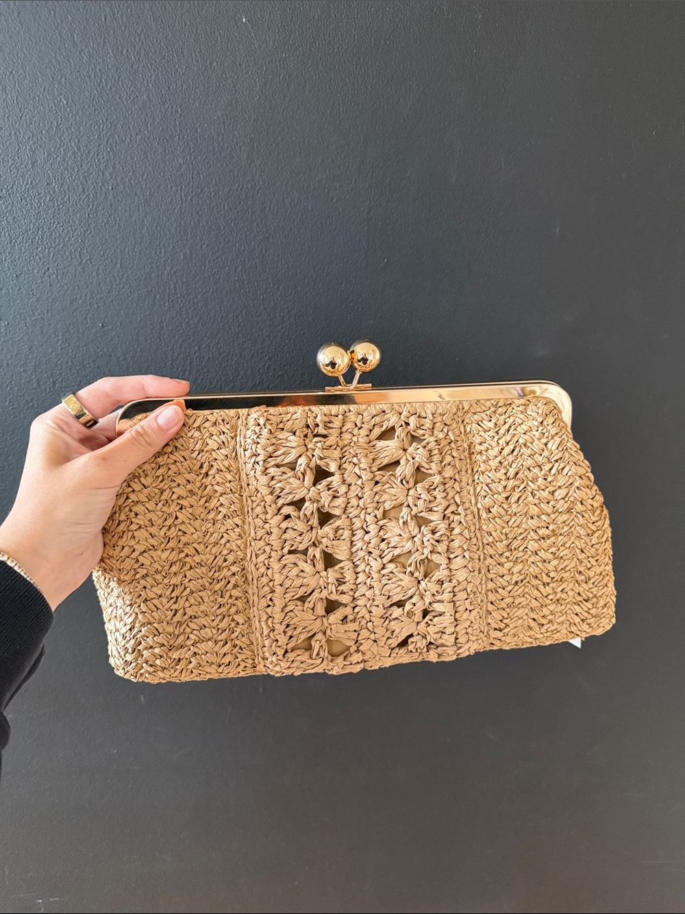 a new day Natural Crochet Straw Clutch with Gold Frame